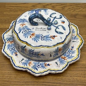 Antique HR Henriot Quimper French Covered Butter Dish or Cheese Plate & Dome - Picture 1 of 11