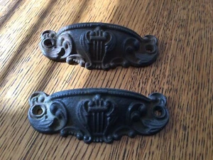 Set of 2  Victorian  Lyre Bin Drawer Pulls Cast Iron Ornate 4 1/4” - Picture 1 of 2