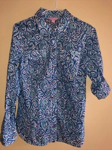 LILLY PULITZER CRUISER Sz 2 XS Blue Chasing Tail Cotton L/S Button Front Shirt - Picture 1 of 5