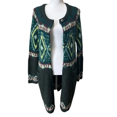 Cárdigan Free People Verde Fair Isle Largo Mezcla Mohair Botón a Presión Talla Pequeña Foto 1 de 4