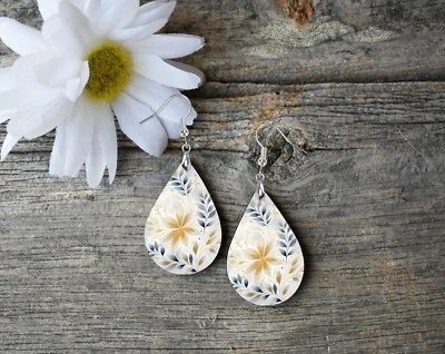 Casabella Floral Earrings Handmade Wood Tear Drop Dangle Printed Jewelry - Image 1 of 4