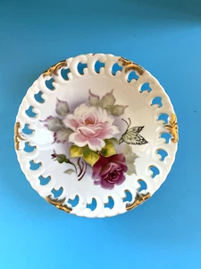 LEFTON Reticulated Floral Lattice Bowl~ Hand Painted Pink Roses-7” - Picture 1 of 6