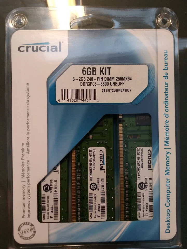 Crucial 6GB Kit 2GBx3 240 Pin DIMM DDR3 PC3 8500 Memory Module - Image 1 of 3