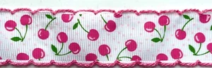 Embroidered edge Pink with cherries  White grosgrain ribbon 1" - Picture 1 of 4