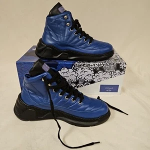 Custom Shoes High Top Boots - Italian Women's Sz 7 - Blue Quilted - Unique! - Picture 1 of 16
