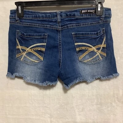 Pantalones Cortos de Jean de Denim Rojo Remache Talla 13 Envejecido Elastizado Brillante Bordado Dobladillo Crudo Foto 1 de 4