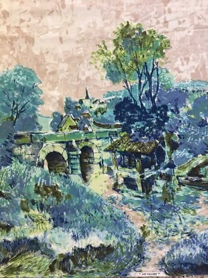 3 yds 1950s Garden Border Fabric Art Gallery Blue Impressionist Cotton MCM Trees - Image 1 of 4