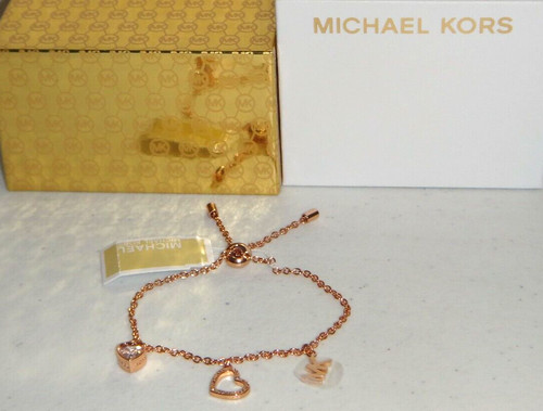 MICHAEL KORS 3 PZ Logo MK 2 CUORI Bracciale Slider Oro Cristalli MKJ7781791 + SCATOLA