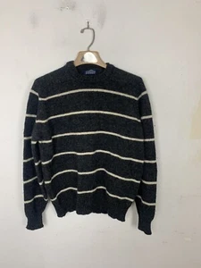 Lands End Mens Sweater XL Gray Striped 100% Wool Shetland Made in England Crew - Picture 1 of 7