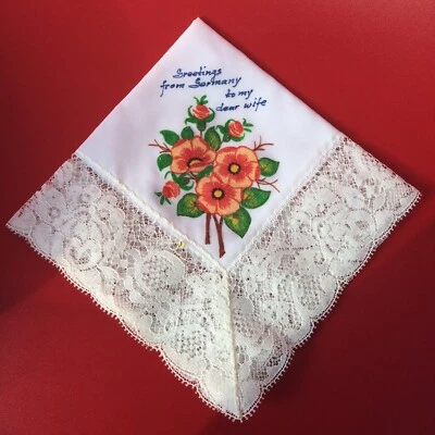 Vtg GREETINGS FROM GERMANY TO MY DEAR WIFE War Time Handkerchief Satin and Lace - Image 1 of 3