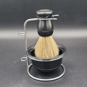 Mens Shaving Brush Kit Black Plastic Bowl With Stainless Steel Holder - Picture 1 of 5