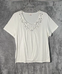 JM  Collection Women’s White Embroidered Neckline, Short Sleeve T-Shirt Size 2x - Picture 1 of 6