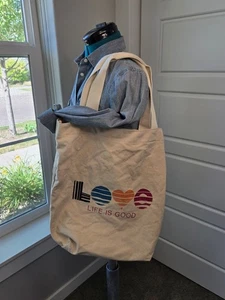LIFE IS GOOD LOVE BEIGE BAUMWOLLE CANVAS BEUTELTASCHE LIEBE GRAFIK UNISEX EINHEITSGRÖSSE WIEDERVERWENDBAR - Bild 1 von 12