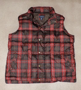 Mens Lands End quilted red brown plaid puffer down vest jacket sz XL 46-48 - Picture 1 of 7