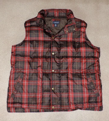 Mens Lands End quilted red brown plaid puffer down vest jacket sz XL 46-48 - Image 1 of 4