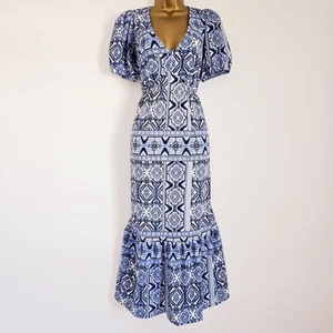 NEW Ex WALLIS 8-22 Blue White Tribal Aztec Print Crepe Frilly Hem Midi Tea Dress - Picture 1 of 9