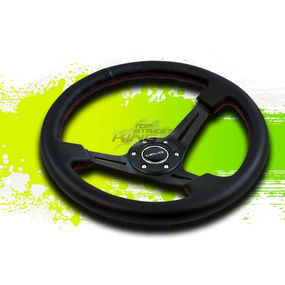 NRG RST-018R-RS 350MM 3"DEEP DISH LEATHER RED STITCH STEERING WHEEL+HORN BUTTON Foto 1 de 1