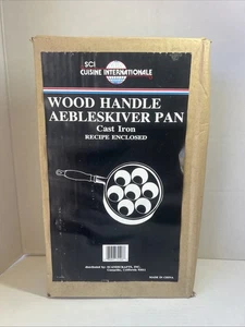 Vtg Cast Iron Aebleskiver Pan Danish Cake Egg Poacher 7 Hole Wood Handle (REaD) - Picture 1 of 3