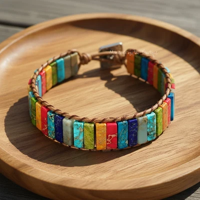 Pulsera de cristal de 7 chakras de jaspe arco iris de cuero con piedra curativa de regalo Foto 1 de 4