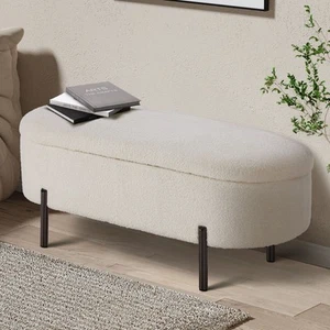 Oikiture Storage Ottoman Bench Oval Footstool Blanket Box Chest Toy Sherpa White - Picture 1 of 10