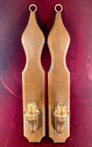 Wall Sconce Pair Candlestick Vintage Wooden Brass Holders 21" Tall Farmhouse (O) - Picture 1 of 17