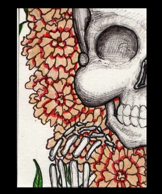 Tinta de arte ilustración original ACEO, tamaño 2,5 pulgadas ser 3,5 pulgadas. Caléndulas calavera  Foto 1 de 2