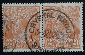 1921 Australia Pair 2d Orange KGV stamps Used-CRYSTAL BROOK STH AUSTR Postmark - Picture 1 of 2