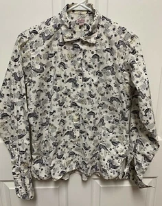 Camisa De Colección Años 50 Gabey Original De Colección Talla 14 Blanco Negro Estampado de Pájaro Cuello Lazo EC - Imagen 1 de 10
