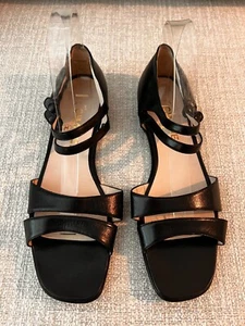 Auth. CHANEL Black Leather Buttons Closure Flat Sandals sz 40.5 - Picture 1 of 14