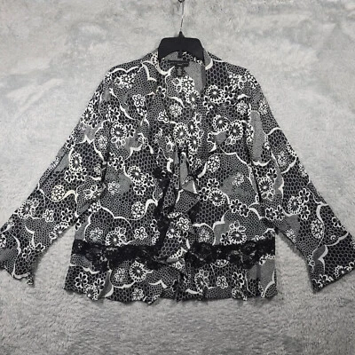 Camisa Apostrophe Mujer 1X Plus Negra Floral Elastizada Volantes Abotonados -defecto Foto 1 de 4