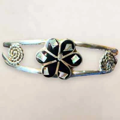 Vintage Alpaca Mexico Silver and Abalone Mother of Pearl Flower Cuff Bracelet - Image 1 of 4