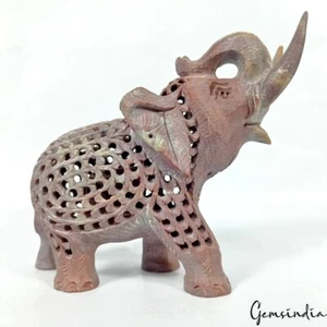 1680 Kt Handarbeit Speckstein Filigran Rüssel Up Elefant Wohndeko Skulptur - Bild 1 von 6