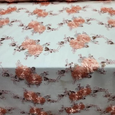 Blush Lace 3D Flower Embroidery Sequins On Mesh Wedding-Bridal Fabric By Yard - Image 1 of 4