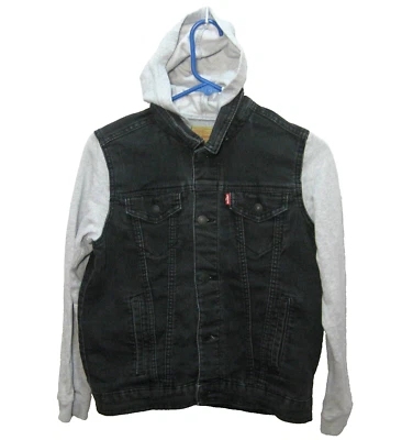 LEVI's Niño (Talla Juvenil Grande) Negro Gris Denim Sudadera con Capucha Chaqueta Botón Frontal Top Foto 1 de 4