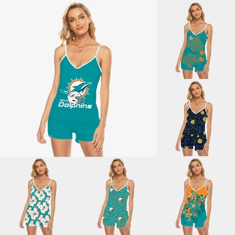 Miami Dolphins Womens Beach Jumpsuit V-Neck Tank Tops Rompers One Piece Swimsuit Cover