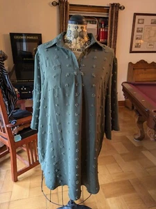 Green Tunic Shirt Dress 2xL Roll Sleeve Collared Bauble Detail Flowy Light Sage - Picture 1 of 14