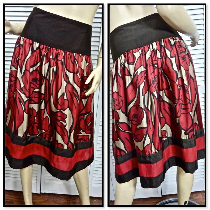 Nygard Collection Womens Skirt 24w DP Red/beige/brown Floral100 Silk