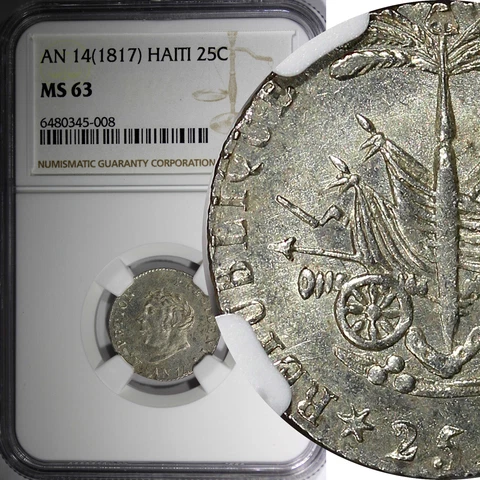 HAITI Silver AN 14 (1817) 25 Centimes NGC MS63 Mint Luster Toned KM# 15.1  (008) Cover