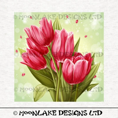 MOONLAKE DESIGNS Rosa Tulpe auf grünem Bokah Hintergrund Stoff Handwerk Paneele in 100 % Baumwolle oder Polye