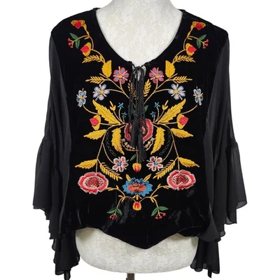 Blusa Boho Top Terciopelo Bordado Ivy Jane M Negra Manga Campana Floral Festival Foto 1 de 4