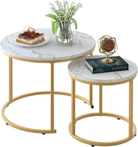 Coffee Table Nesting White Set of 2 Side Set Golden Frame Circular - Picture 1 of 10