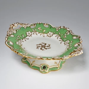 Antike englische Porzellan grün gold oval Serviertazza mit Griffen 12" W - Bild 1 von 7