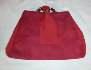 Vtg 40s 50s Deep Red Suede Clutch Purse Handbag W/ Ribbon Wrist Strap - Picture 1 of 11