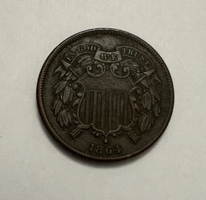 1864 Two Cent Piece 2C FULL MOTTO Ungraded Civil War Date US Copper Coin - Picture 1 of 2