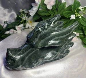 XL 5,2" 712g dunkelgrüner Wirbel Jade Drachenkopf Schädel Kristall Steinschnitzerei Statu - Bild 1 von 19