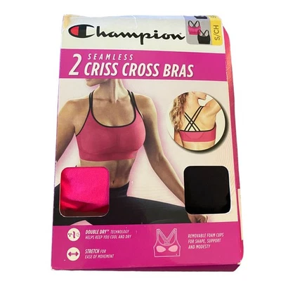 Champion 2 Seamless Criss Cross Sports Bras Small Pink Black - image 1 of 2