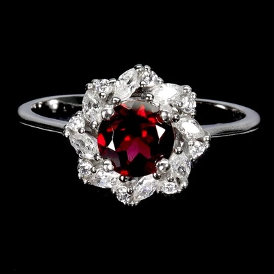 925 Sterling Silver Ring Round Rhodolite Garnet 6mm Natural Gemstone Jewelry 8 - Image 1 of 4