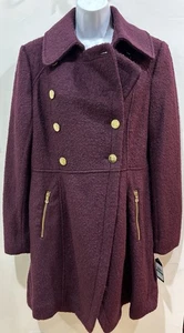 Women’s Guess Los Angeles Wool Blend Pea Coat Double Breast Burgundy Large *NEW* - Picture 1 of 23