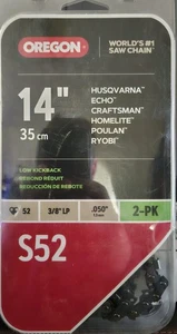 Oregon 14 In. 2 Pack S52 Chainsaw Chain 52 Link 3/8” .050” Echo Ryobi Poulan - Foto 1 di 1