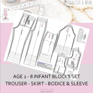 CHILD BLOCK PATTERNS- BODICE& SLEEVE, TROUSERS & SKIRT-AGE 2 - 8 YEARS - SLOPER - Picture 1 of 10